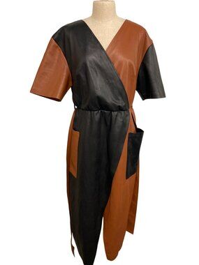 Eloquii Womens Faux Leather Wrap Dress With Belt & Pockets Size 16 Black & Brown